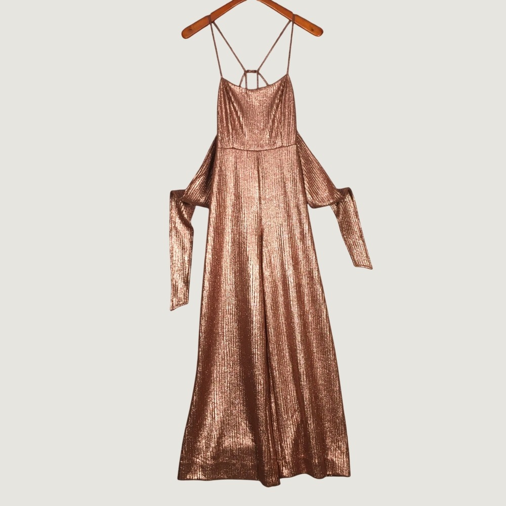 Free People NWT Shimmer Shine Metallic Ginger Snap Jumpsuit Size XS Wide Leg